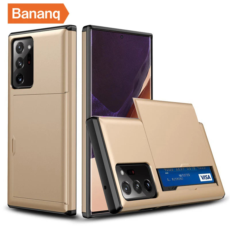 Gold phone case with a card slot, shown holding a blue Visa card. Dual-camera cutout on the back. Brand logo "Banaq" displayed in the top left corner.
