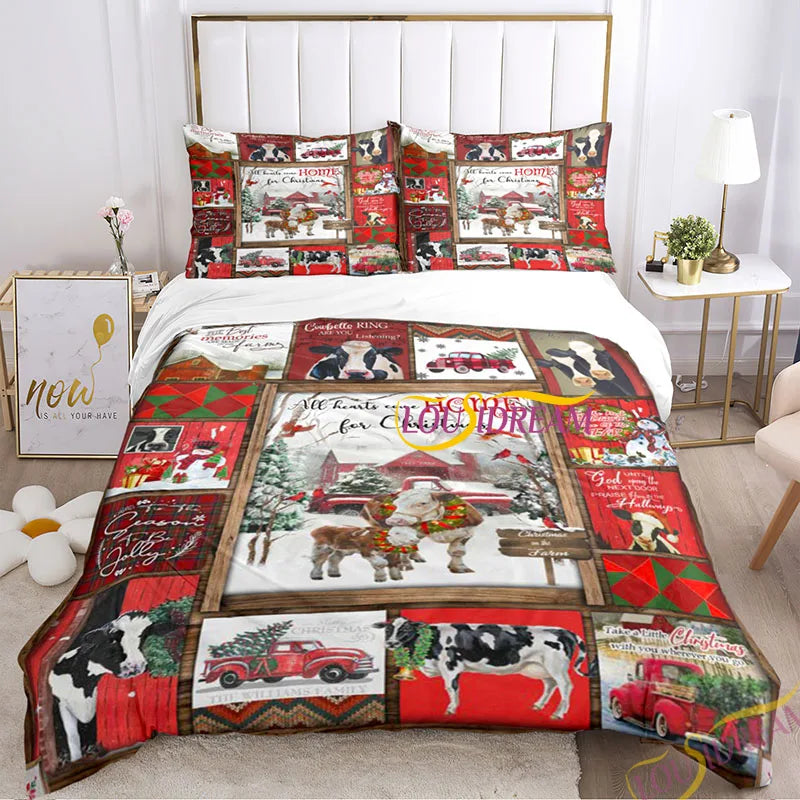 Festive bedding set with a Christmas theme featuring Santa, cows, barns, and vintage trucks in red and white. The room has a modern decor with flowers and a lamp.
