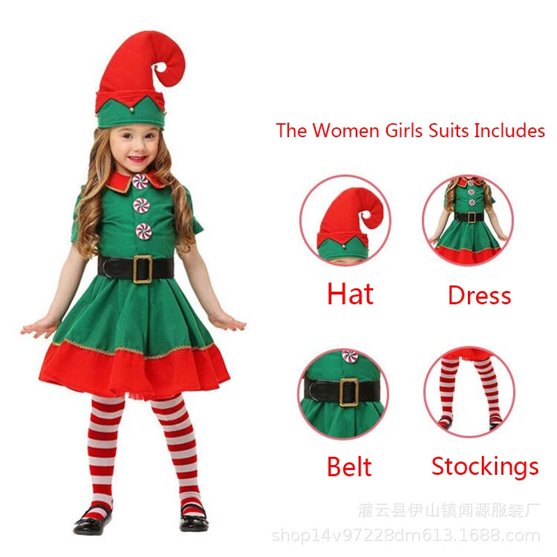 Young girl wearing an elf costume with a red and green dress, pointy hat, striped stockings, and black shoes. Insets highlight the hat, dress, belt, and stockings.