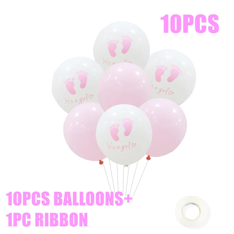 Bundle of 10 pink and white balloons featuring "It's a girl" with baby footprints, plus one roll of ribbon. Text reads "10PCS BALLOONS + 1PC RIBBON".