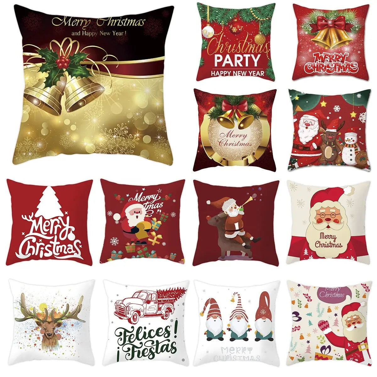 Twelve festive Christmas-themed pillow designs featuring bells, Santa, reindeer, presents, and holiday greetings like "Merry Christmas" and "Felices Fiestas" in vibrant colors.