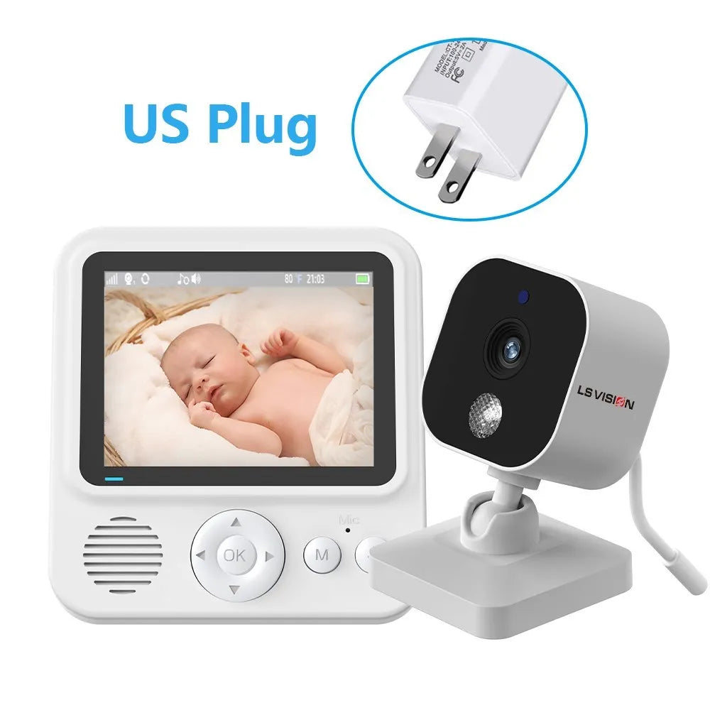 Baby monitor system showing a video feed of a sleeping baby on a screen, with camera and US plug adapter. Brand logo visible on the camera.