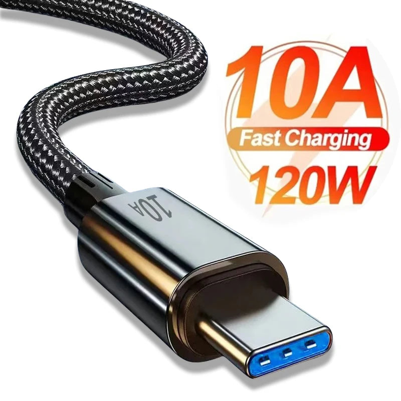 Close-up of a braided USB-C cable with metallic connector, labeled 10A and 120W Fast Charging, emphasizing high-speed charging capabilities.