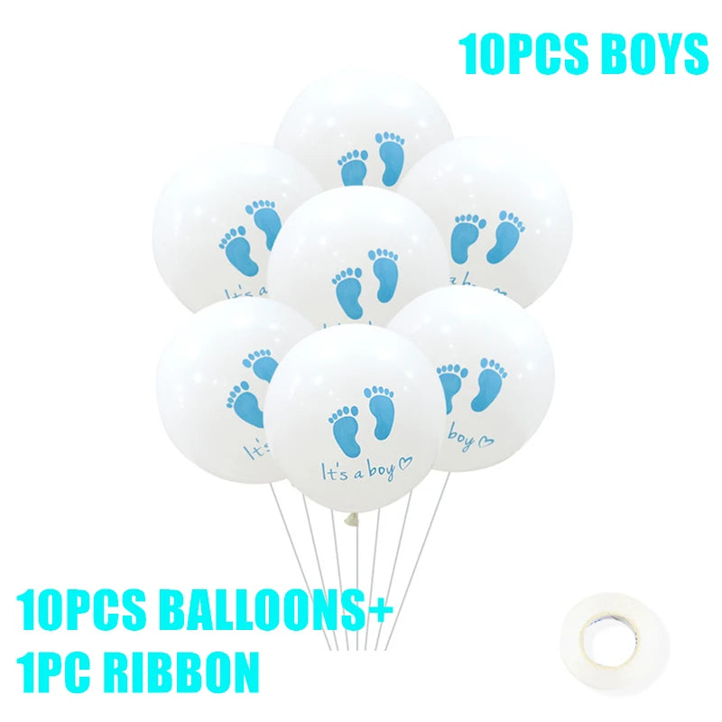 White balloons featuring blue footprints and "It's a boy" text, bundled together. Includes 10 balloons and a roll of ribbon, ideal for a baby boy celebration.