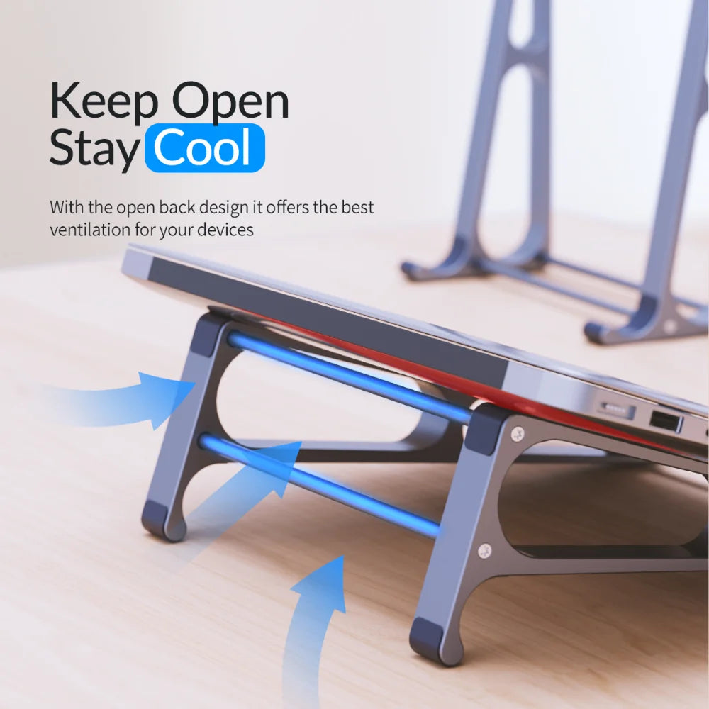 Laptop stand with an open back design for improved ventilation. Blue arrows illustrate airflow beneath the laptop, ensuring cooling. Text reads: "Keep Open, Stay Cool."