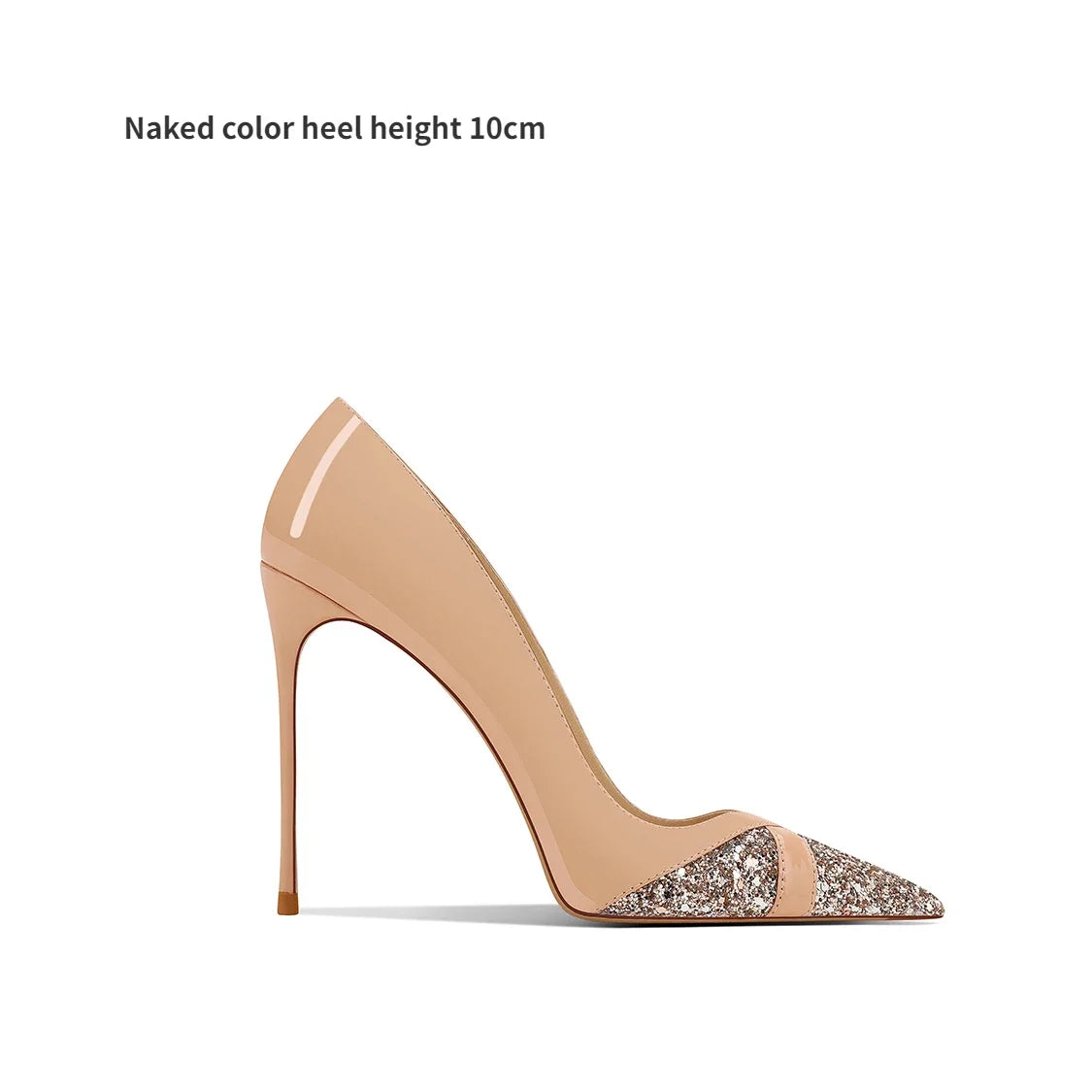 Nude-colored high heel pump with a 10cm stiletto heel and glittery, pointed toe design.
