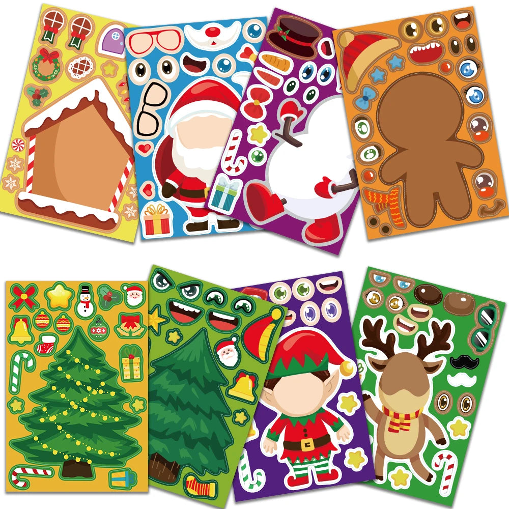 A set of colorful Christmas-themed sticker sheets featuring Santa, elf, reindeer, gingerbread man, Christmas trees, and various festive accessories and decorations.