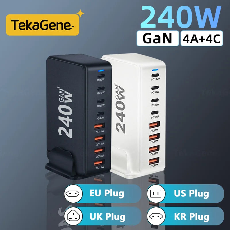 Two TekaGene 240W GaN chargers, black and white, with multiple ports labeled PD30W, PD100W, and QC18W. Plug options: EU, US, UK, and KR.