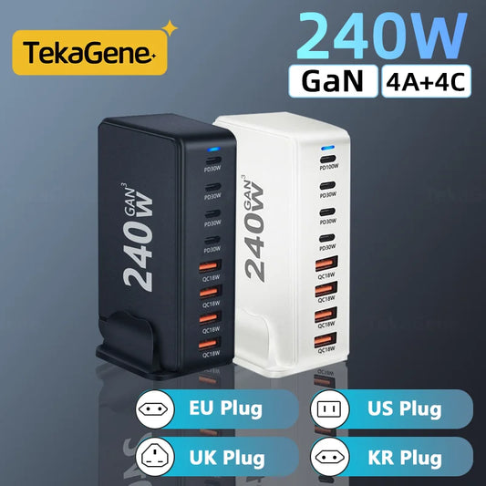Two TekaGene 240W GaN chargers, black and white, with multiple ports labeled PD30W, PD100W, and QC18W. Plug options: EU, US, UK, and KR.
