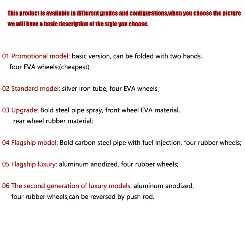 Text listing seven product models, ranging from basic to luxury, each with different materials and wheel types, including EVA and rubber, with features like foldability and reversibility.