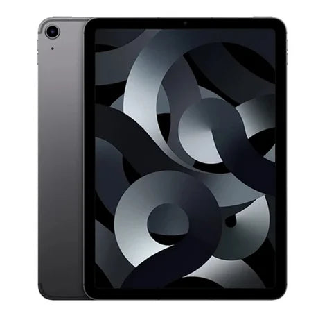 A sleek tablet with a black and gray abstract swirl design on the screen, displayed in front of another identical tablet showing its thin, metallic back.