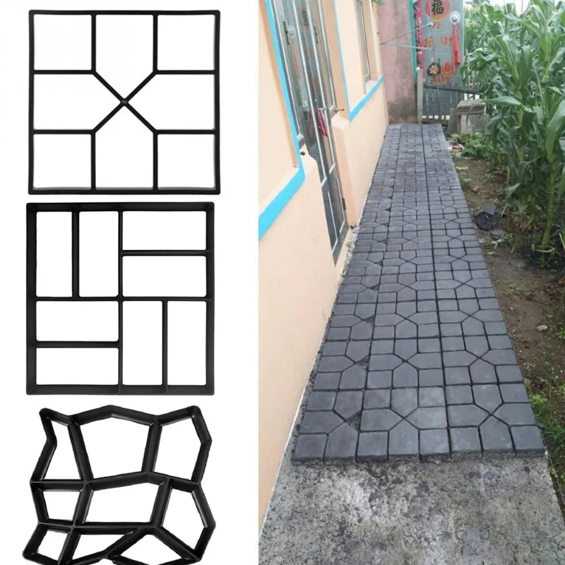 Concrete paving path with three geometric mold designs shown on the left. The path runs alongside a house, bordered by a garden with tall green plants.