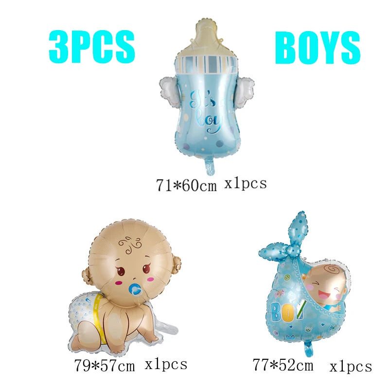 Three baby-themed foil balloons: a blue baby bottle, a crawling baby with a pacifier, and a stork with a baby bundle labeled "BOY." Sizes listed in centimeters.