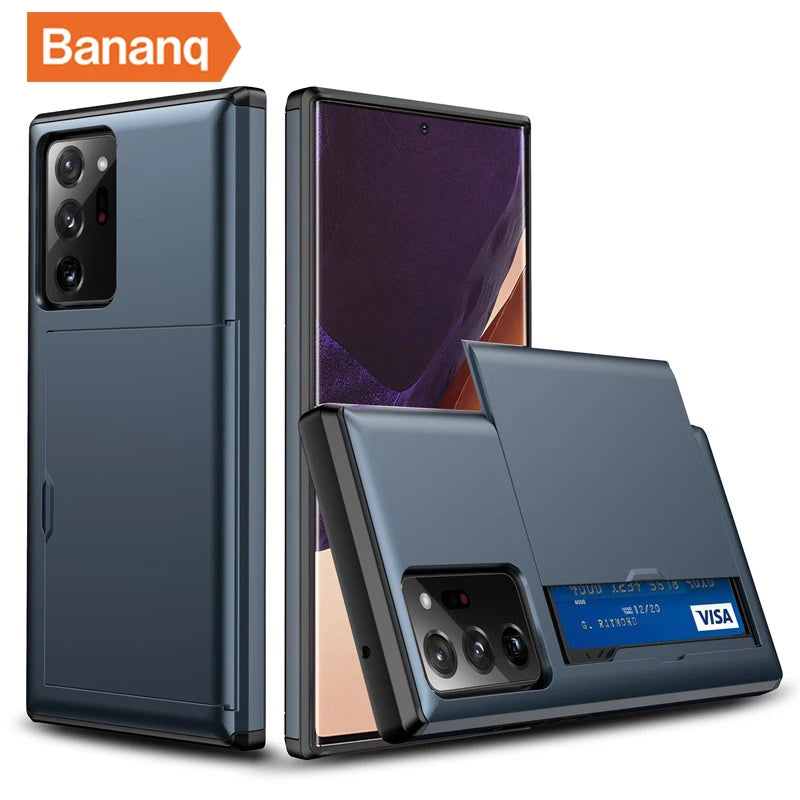 Smartphone case by Banaq with card holder feature, shown holding a credit card. The case is sleek, gray, and covers the phone's back and sides, offering camera protection.