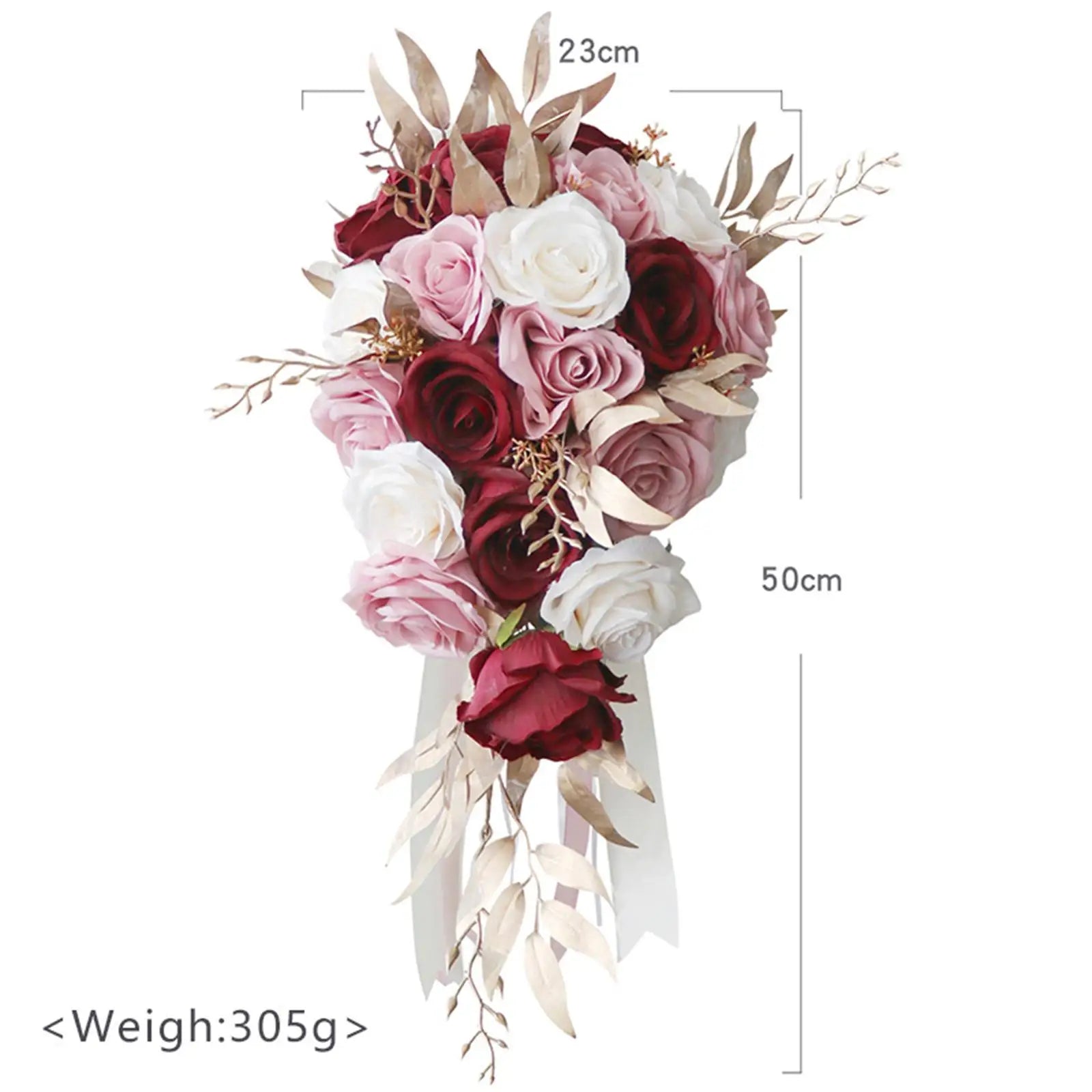 Bouquet of red, pink, and white roses with golden leaves, measuring 23cm wide and 50cm tall, weighing 305g.