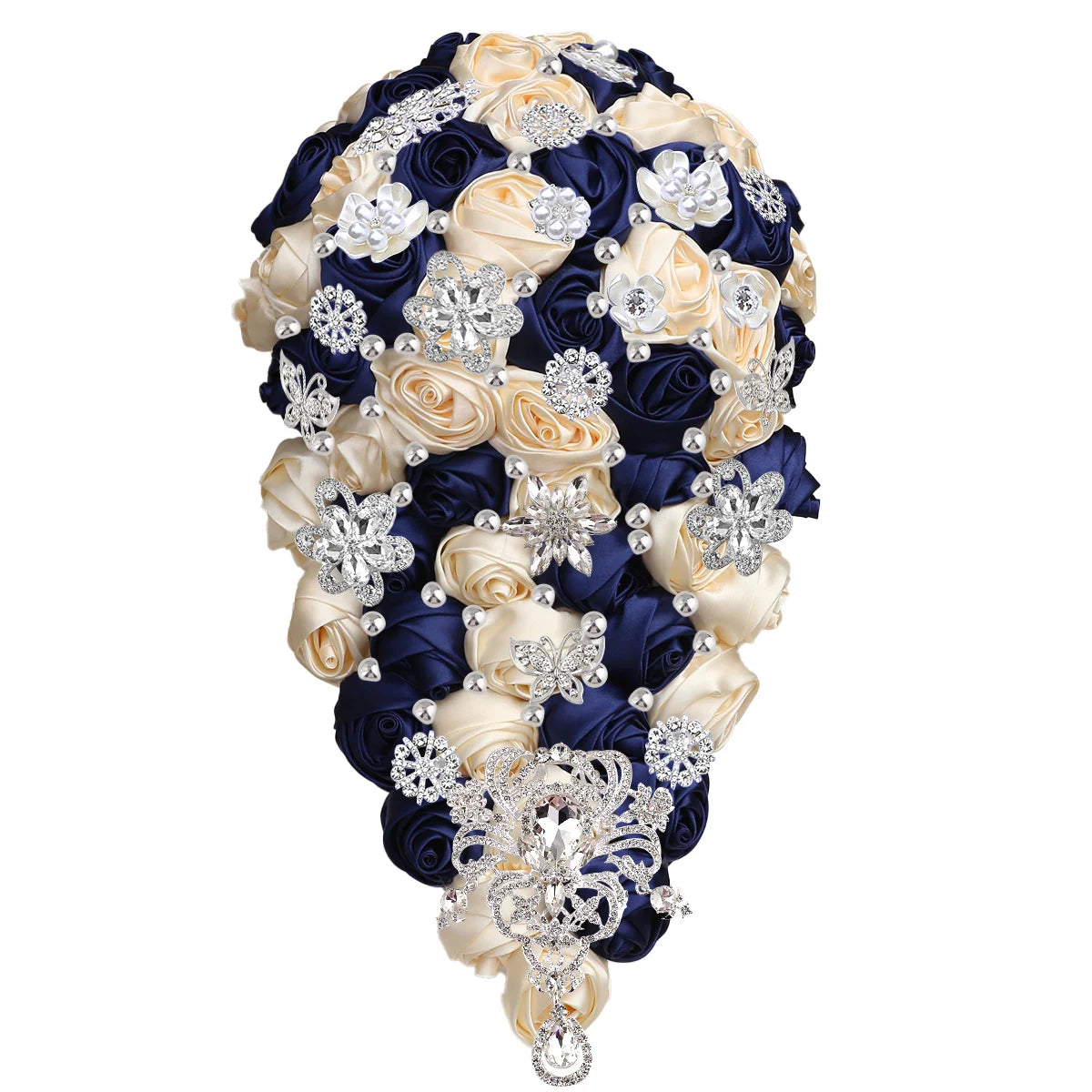 A teardrop bouquet of navy and cream roses adorned with silver rhinestone flowers and pearl accents.