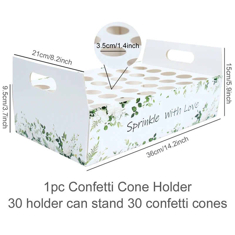 White confetti cone holder with floral design, holds 30 cones. Dimensions: 36x15x21 cm. Hole diameter: 3.5 cm. Text: "Sprinkle with Love."