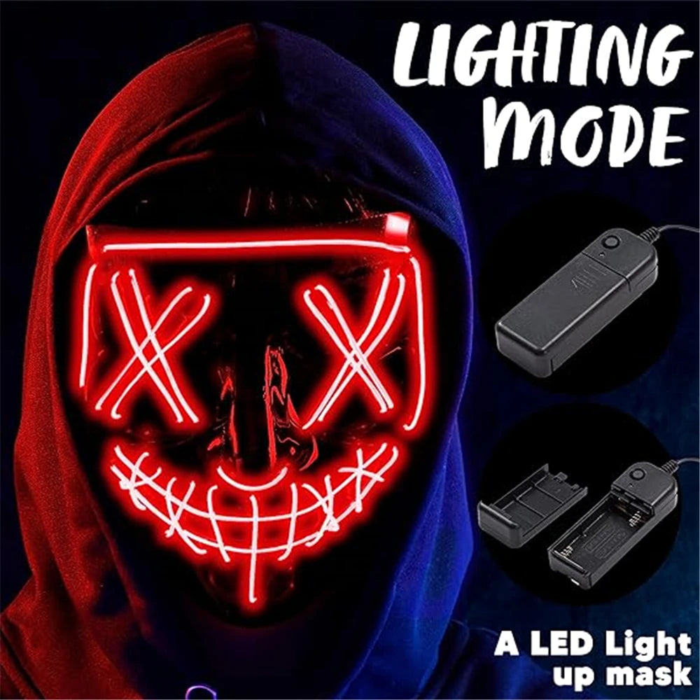 Hooded figure wearing a glowing red LED mask with X's for eyes and a stitched smile. Battery pack shown. Text reads "Lighting Mode, A LED Light up mask."