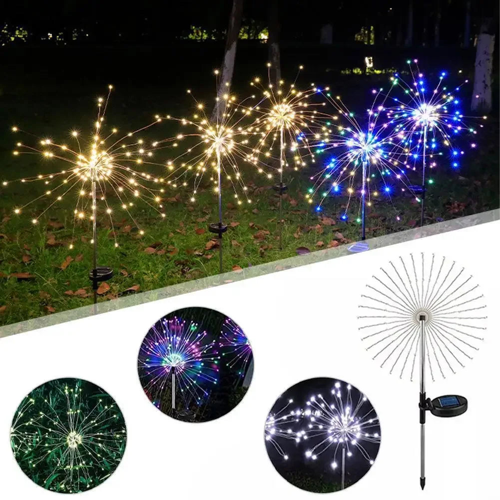 Solar-powered garden lights shaped like fireworks, glowing in warm white and colorful patterns at night, with a close-up of one unlit light on a stake with a solar panel.