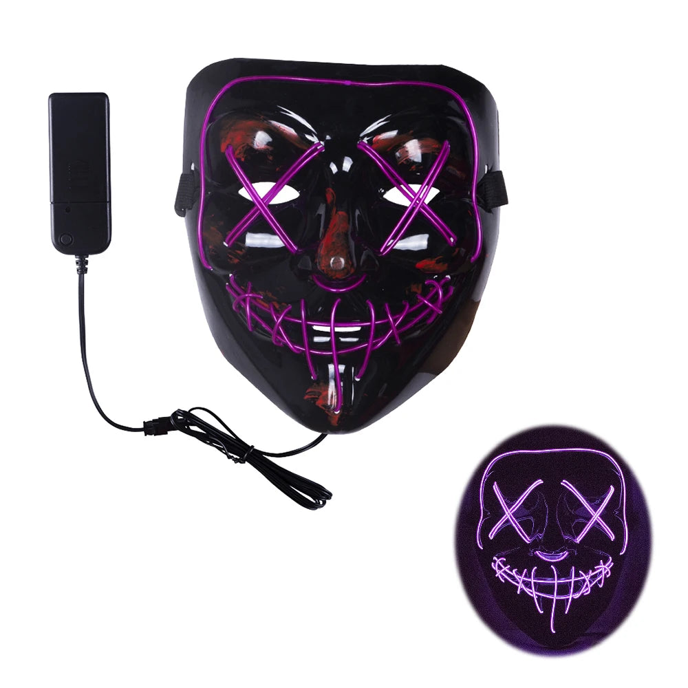 Black LED mask with purple glowing Xs over eyes and stitches on mouth. Comes with attached battery pack. Inset shows mask lit up in the dark.