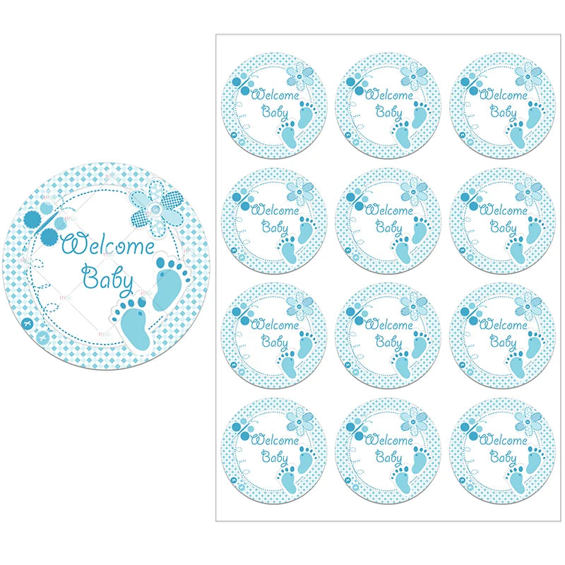 Set of blue "Welcome Baby" stickers with baby footprints and floral designs, arranged in a 3x4 grid pattern.