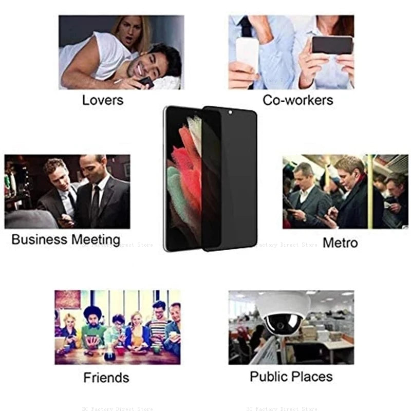 Collage showing people in different settings: lovers, coworkers, business meeting, metro, friends, and public places. Central image of a phone screen protector.