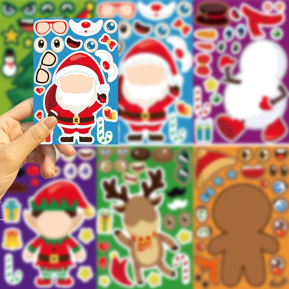 Hand holding a sticker sheet of Santa Claus-themed decorations. Background shows additional sheets featuring elves, reindeer, snowmen, and gingerbread figures.