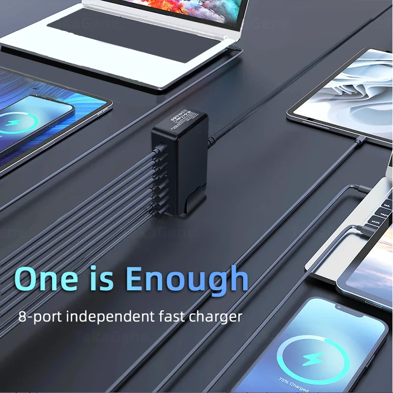 Eight-port fast charger powering multiple devices, including laptops and smartphones, on a sleek black desk. Text reads: "One is Enough, 8-port independent fast charger."