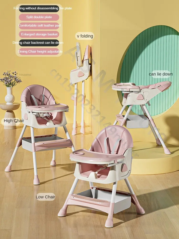 Pink and white adjustable high chair displayed in different setups: high chair, low chair, and folded position. Features include split plate, soft pad, and storage basket.