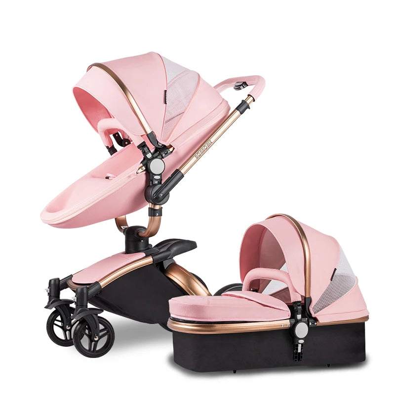 Pink baby stroller with gold accents, featuring a detachable bassinet and adjustable canopy. The design includes black wheels and a black base, offering a modern look.