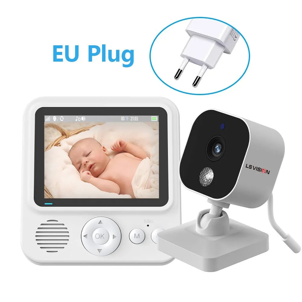 Baby monitor with a camera showing a sleeping baby on the screen. EU plug included. The monitor has controls under the display. Brand logo "LS Vision" on the camera.