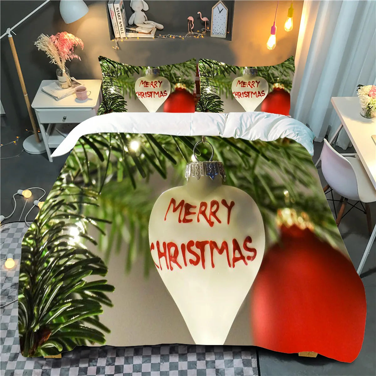 Festive bedroom with Christmas-themed bedding featuring a heart-shaped ornament saying "Merry Christmas" and red baubles amid greenery. Cozy lighting and decor complete the scene.