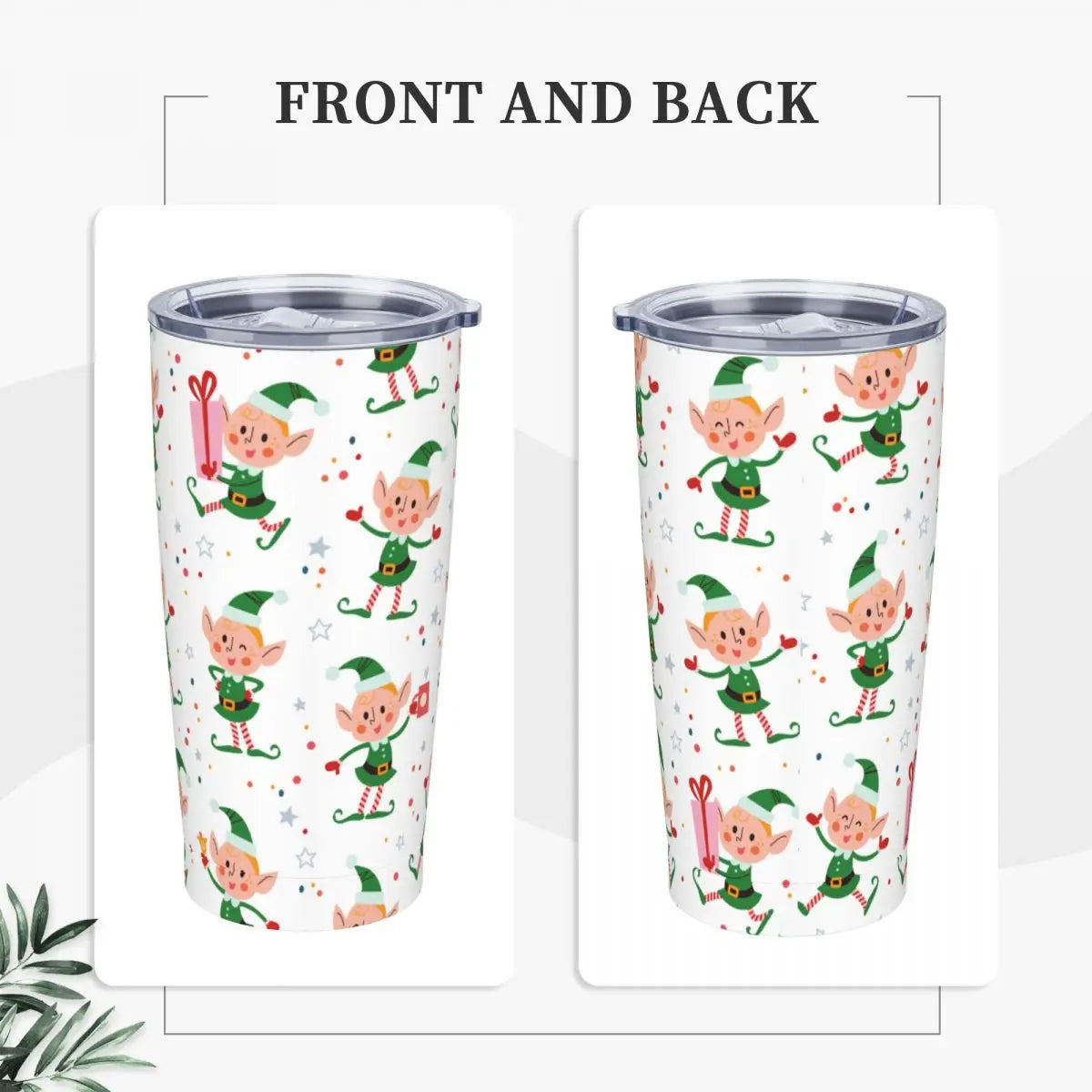 Festive tumbler with lid features playful elf illustrations holding gifts, wearing green outfits. Preview shows front and back design against a white background with leaves.