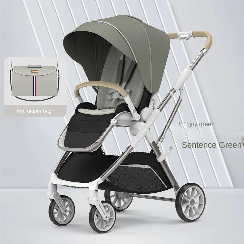 Modern green baby stroller with a large canopy, adjustable handle, and storage basket. Includes an inset image of a matching diaper bag with a striped design.