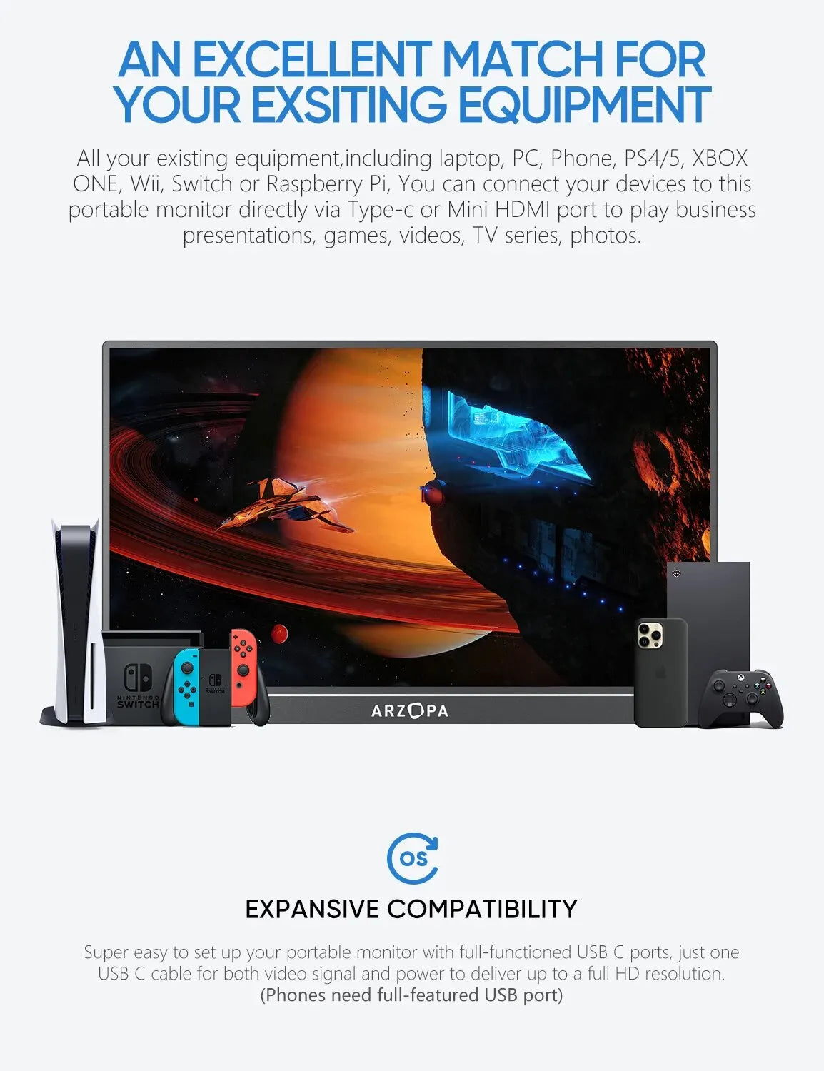 Portable monitor with expansive compatibility, showing connectivity to various devices like laptops, consoles, and phones via Type-C or Mini HDMI. Features a vivid space-themed display.