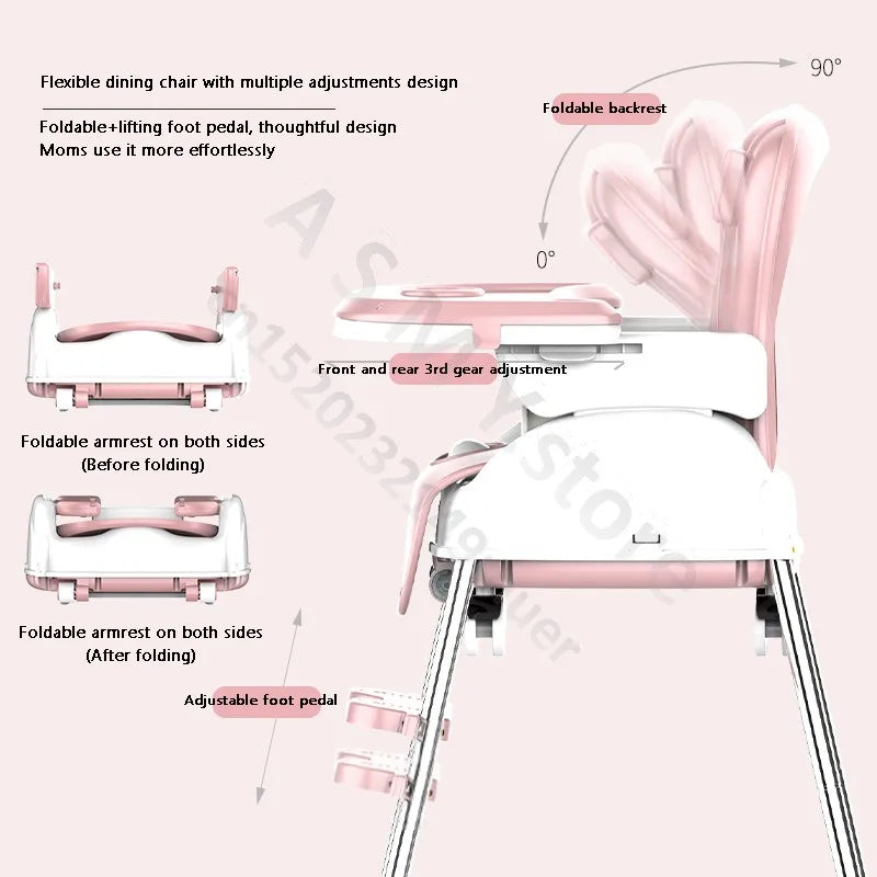 Modern pink and white high chair with adjustable backrest, foot pedal, and armrests. Features folding design for easy use and storage, with multiple ergonomic adjustments.