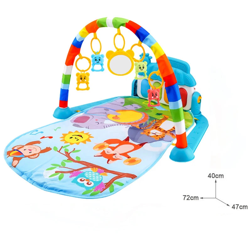 Colorful baby play mat with a rainbow arch, hanging animal toys, and a mirror. Mat includes animal illustrations and measures 72cm x 47cm x 40cm.