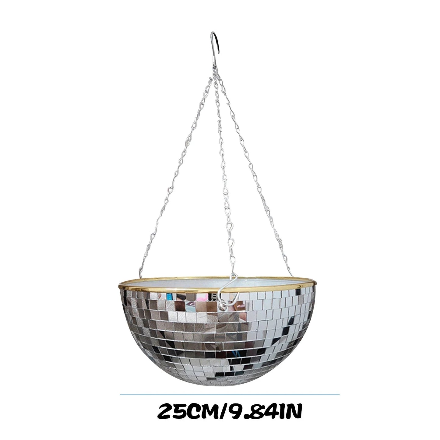 Hanging half-dome disco ball planter with reflective tiles and chains, measuring 25 cm (9.84 in) in diameter, displayed against a plain white background.