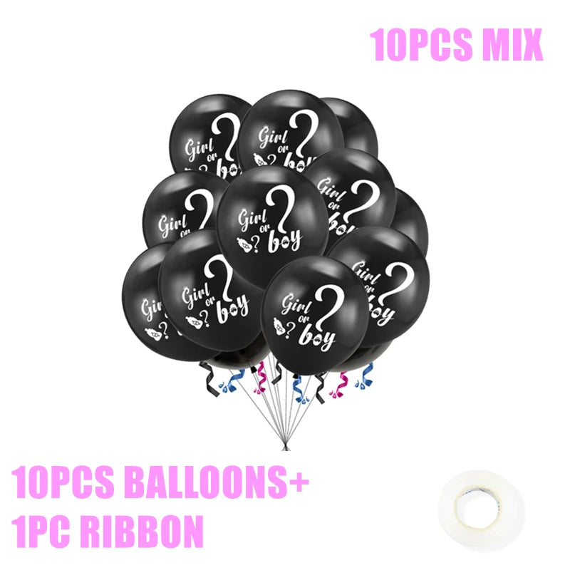 Black balloons with "Girl or Boy?" text, featuring question marks and safety pins, perfect for gender reveal. Accompanied by colorful ribbons. Text reads: "10PCS Balloons + 1PC Ribbon."
