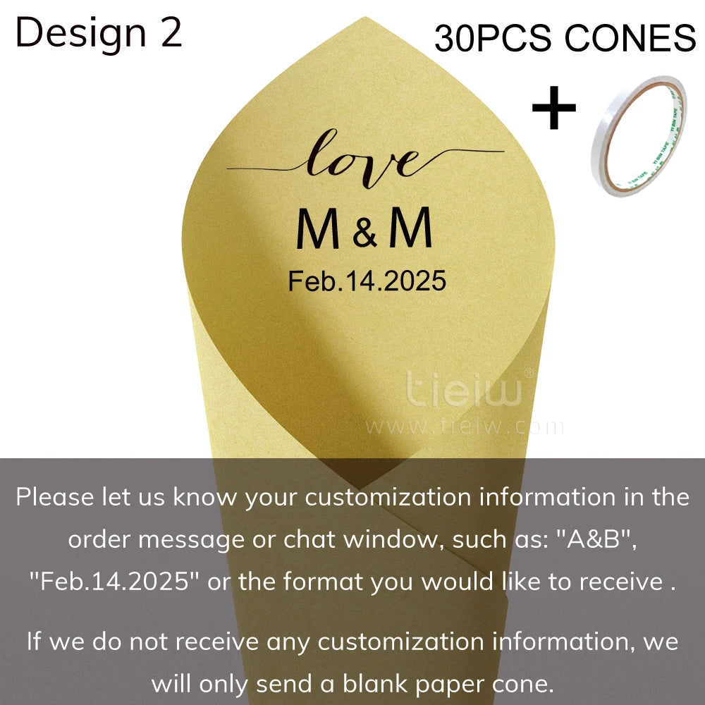 Gold paper cone with "love, M & M, Feb.14.2025" text, part of Design 2 with customization options. Set includes 30 cones and tape.