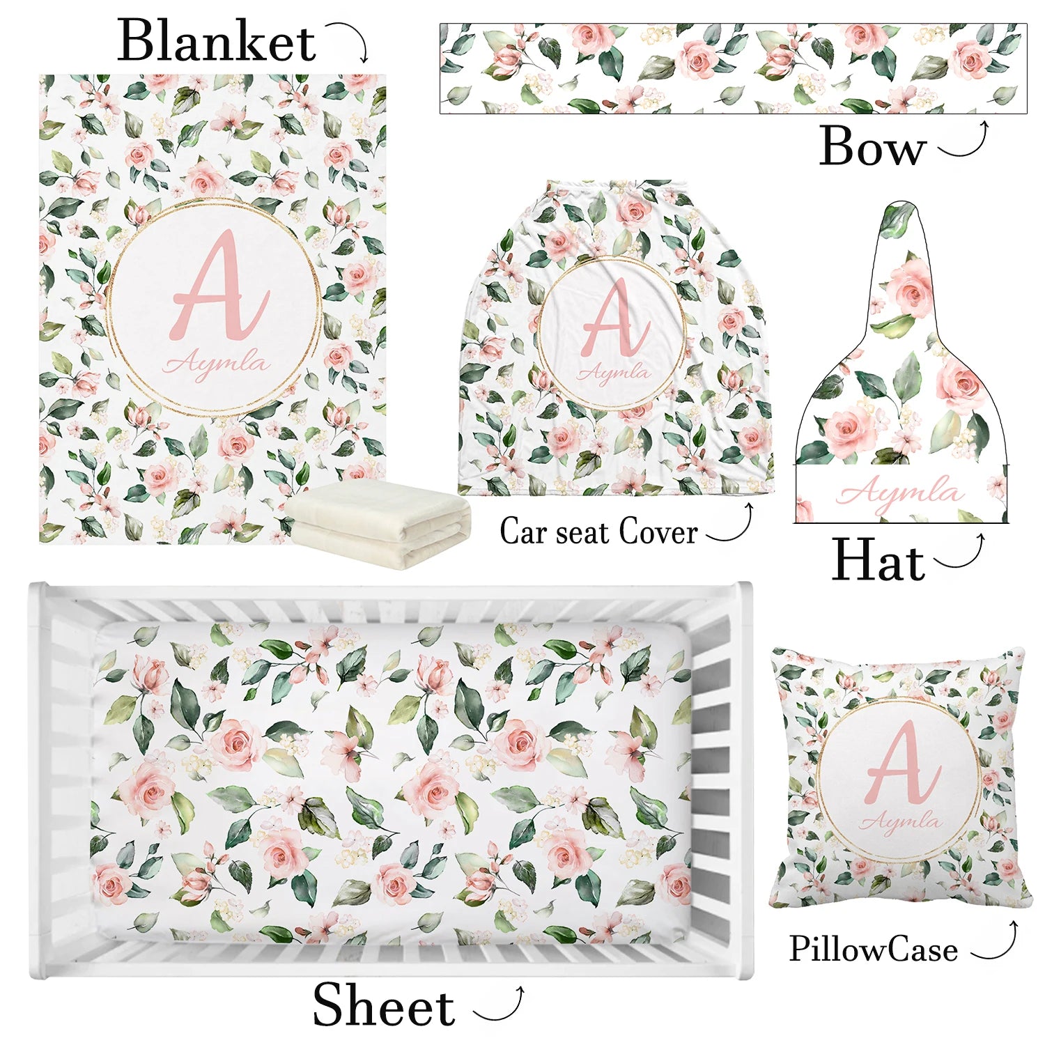 Floral baby set featuring a blanket, bow, car seat cover, hat, sheet, and pillowcase, all with a pink rose and green leaf pattern. Custom name and initial in pink.