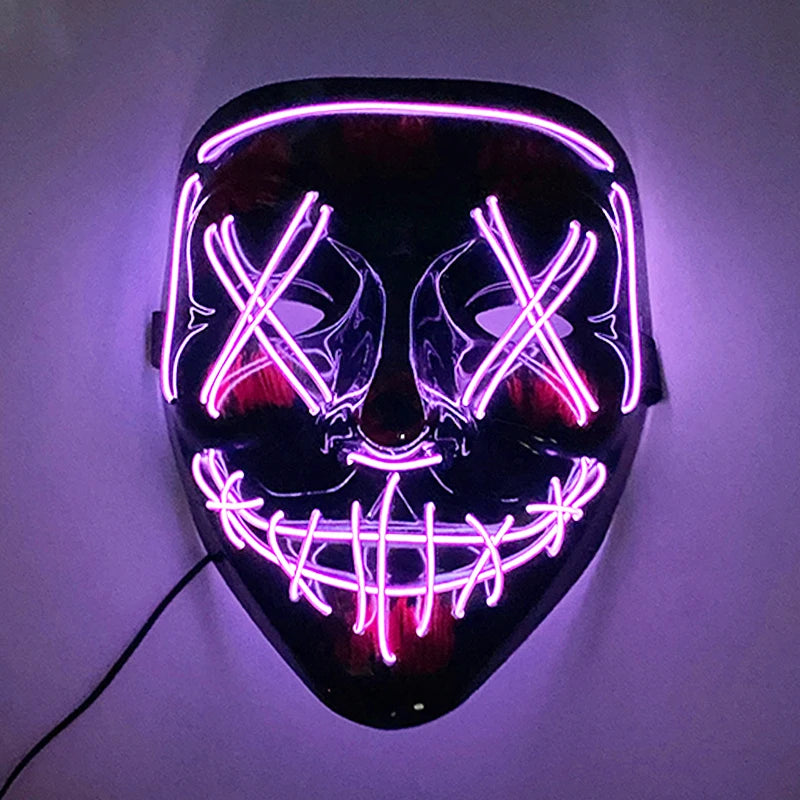 A black mask with neon purple lines forms stitched eyes and mouth, glowing ominously. A thin band outlines the top, creating a sinister, illuminated face against a dark background.