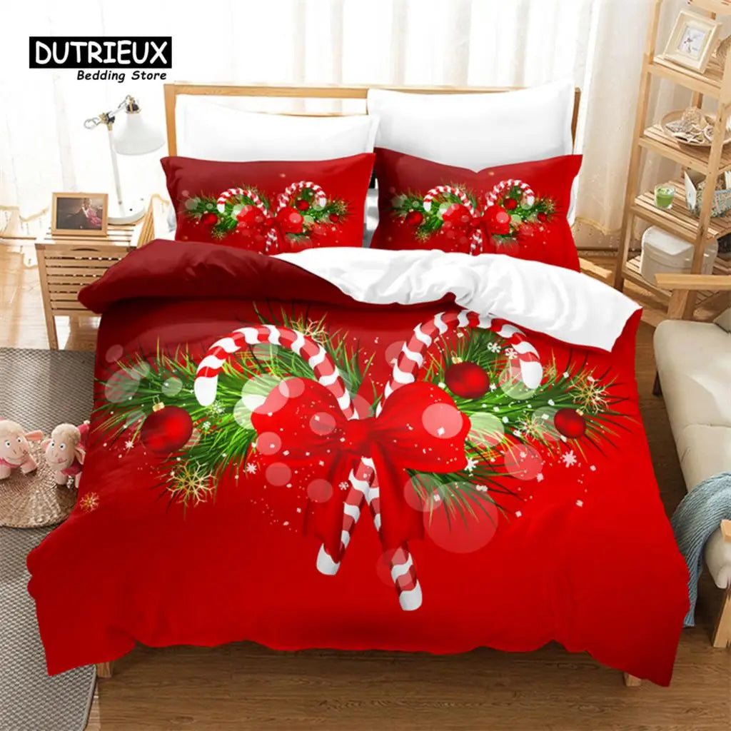 Red and white Christmas-themed bedding set with candy canes, green pine branches, red baubles, and snowflakes, creating a festive holiday atmosphere in the bedroom.