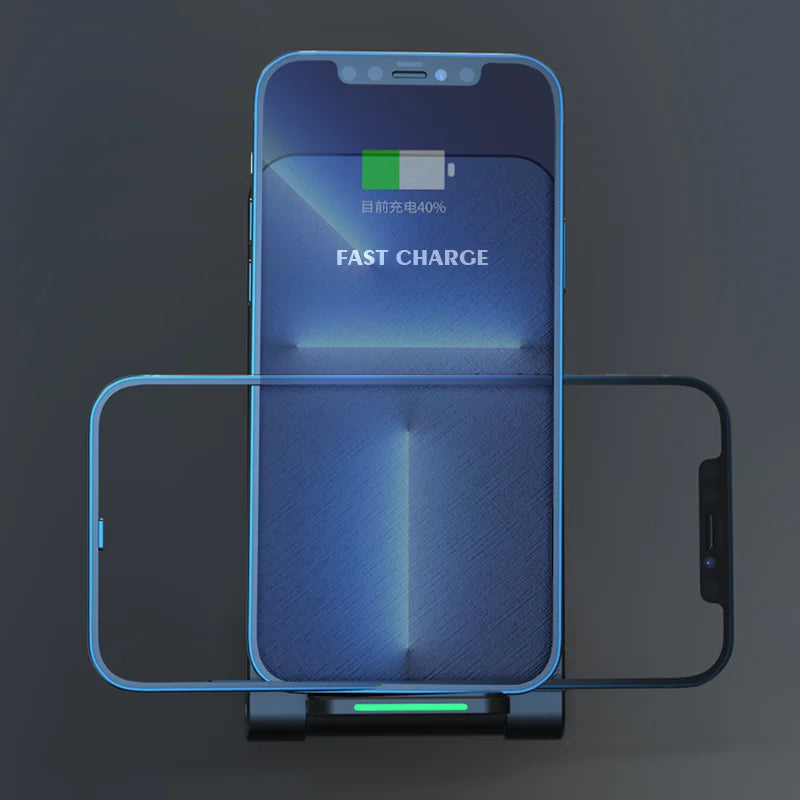 A blue smartphone on a wireless charger shows "Fast Charge" and battery at 40%. The phone has a sleek, modern design with a prominent notch at the top.