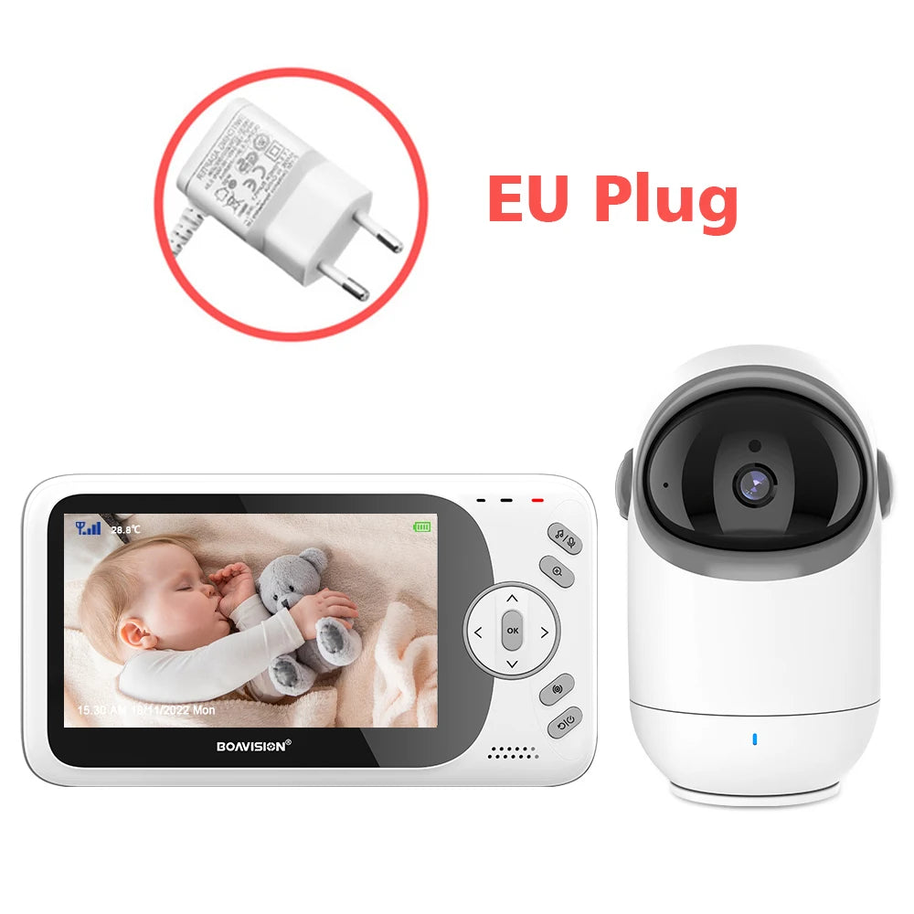 Video baby monitor with EU plug. Screen shows a baby sleeping with a teddy. The white camera unit is next to the display. Red circle highlights the plug type.