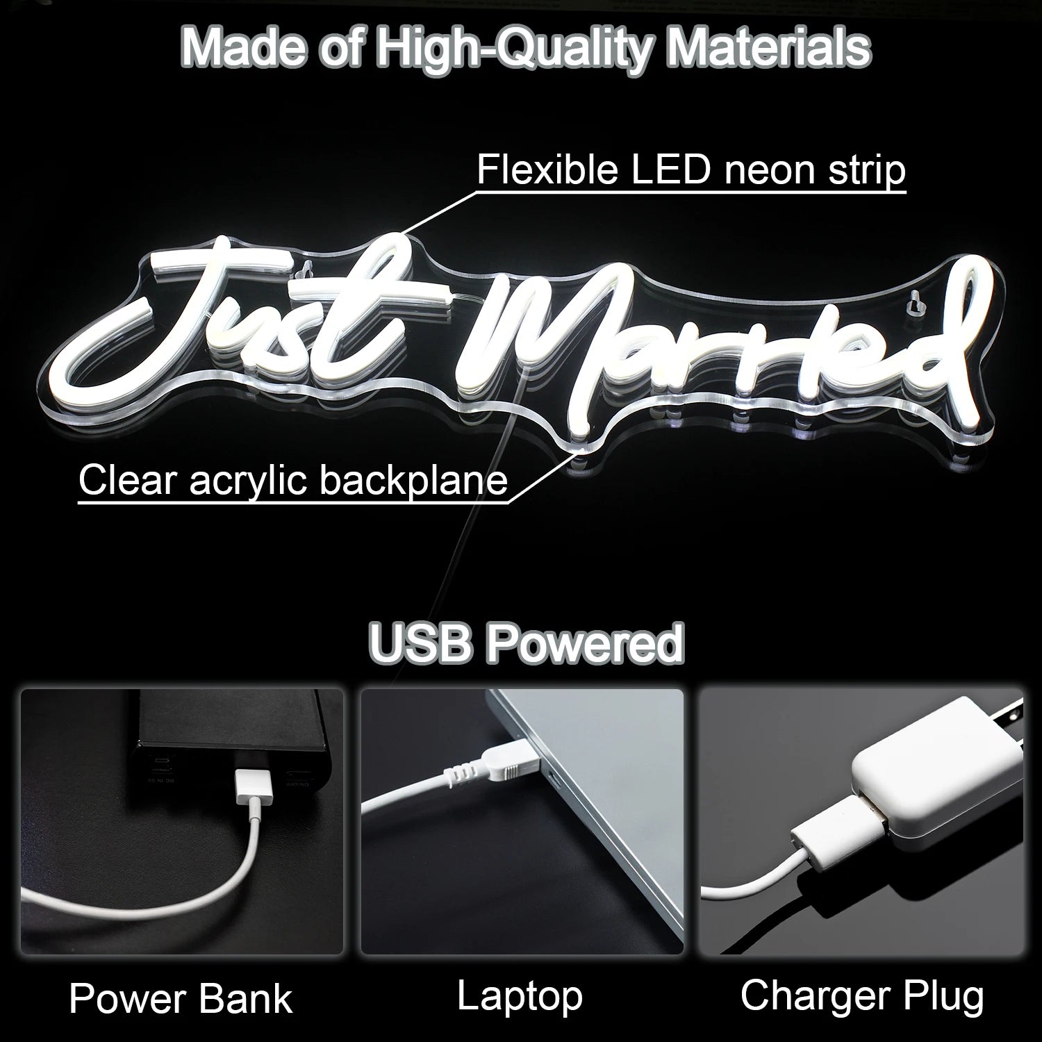 Illuminated "Just Married" sign with flexible LED neon strip on clear acrylic. USB powered with options for power bank, laptop, or charger plug. Made of high-quality materials.