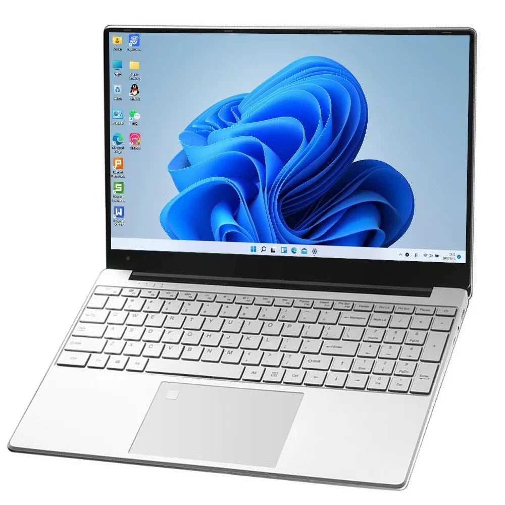 A silver laptop displaying a blue abstract design on its screen, running a Windows operating system. The keyboard is visible, with a large trackpad centered below it.