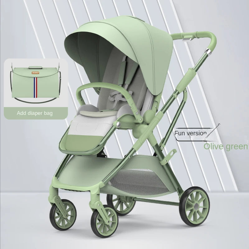 Olive green baby stroller with a canopy and storage compartment. Features adjustable handle and wheels. Includes a diaper bag with colorful stripes. Modern and stylish design.
