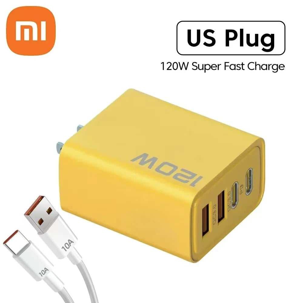Yellow 120W fast charger with US plug, featuring two USB-C ports and one USB-A port. Includes a cable with USB and USB-C ends labeled 10A. Branding and specifications visible.