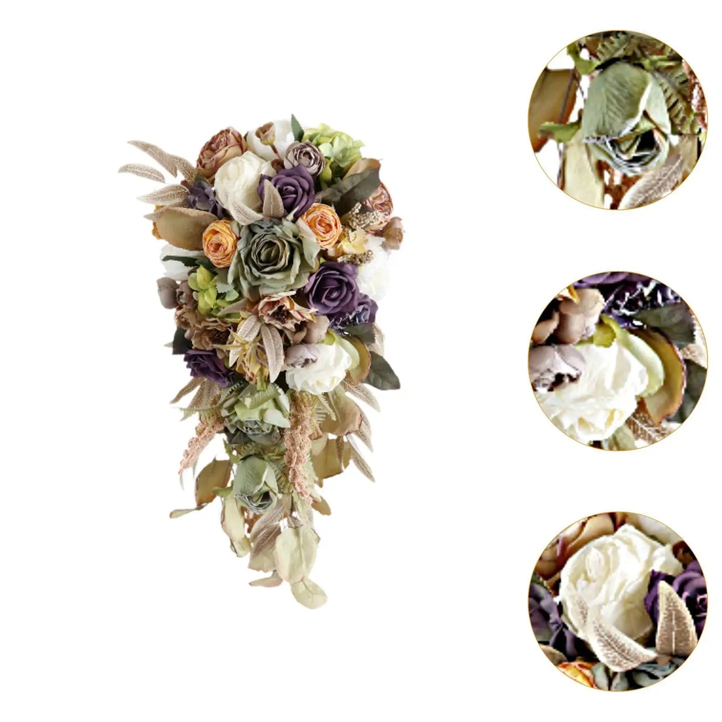Elegant bouquet with purple, white, and peach roses, surrounded by green and brown leaves. Insets highlight detailed textures of petals and foliage.